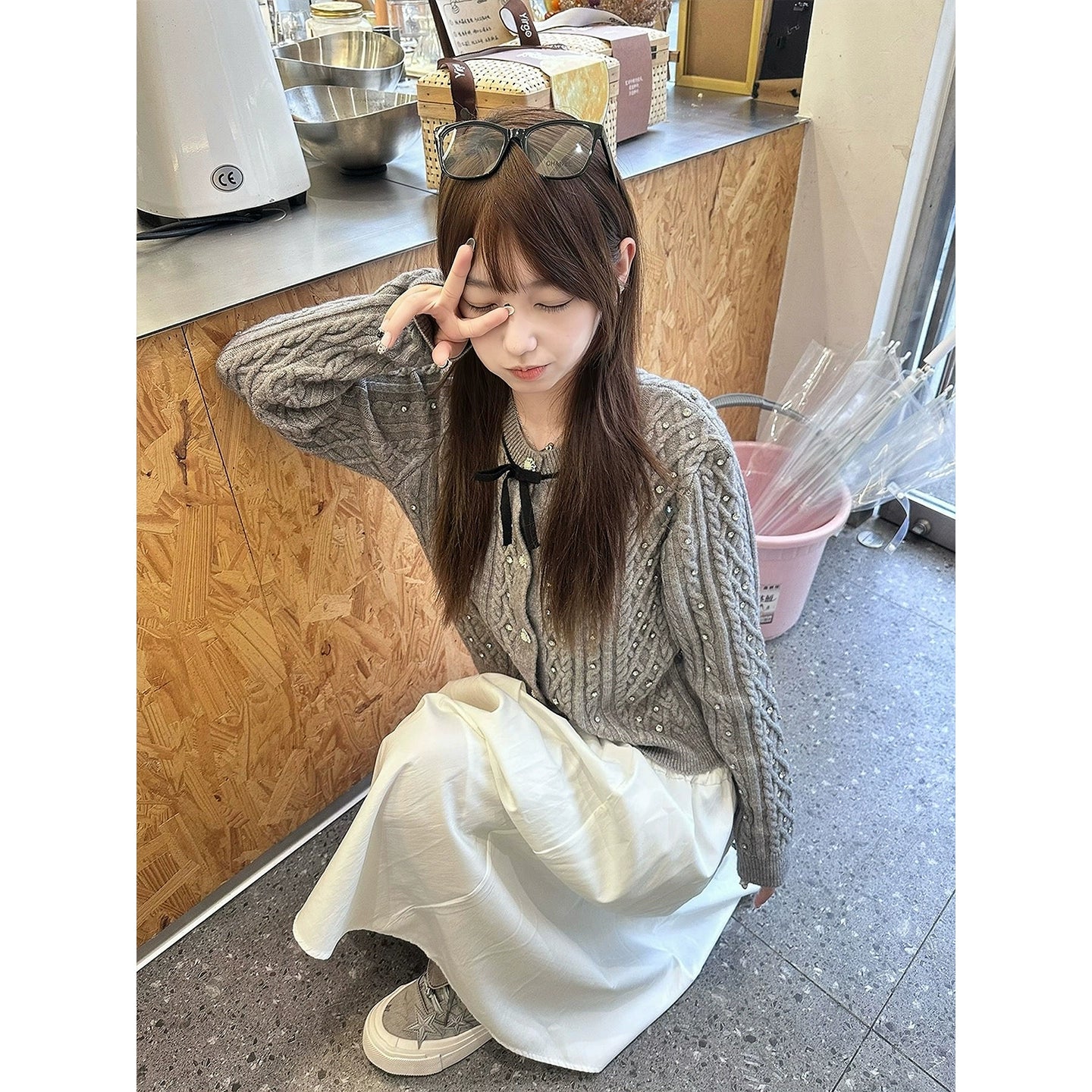 ラインストーンリボンニットカーディガン