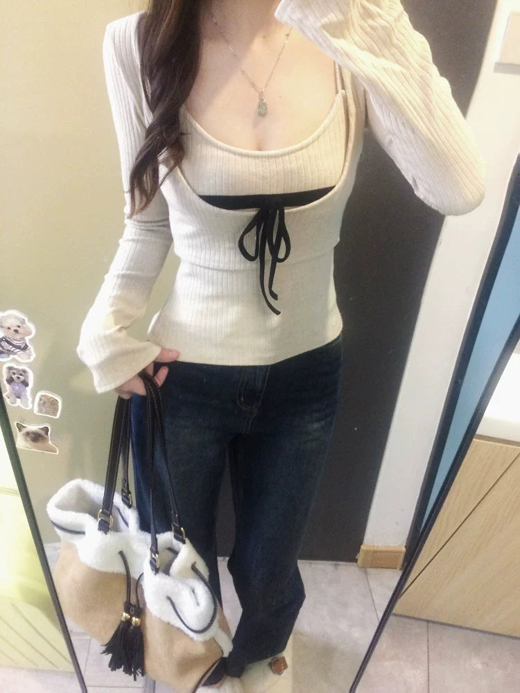 リブニットリボントップス