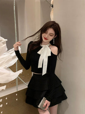 リボンワンショルダーリブセットアップ