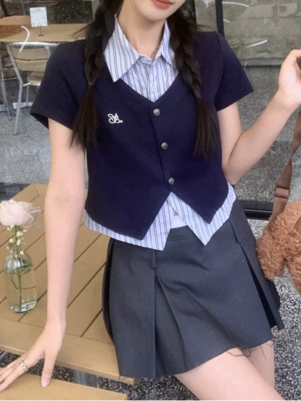 ストライプシャツスリムポロネックトップス