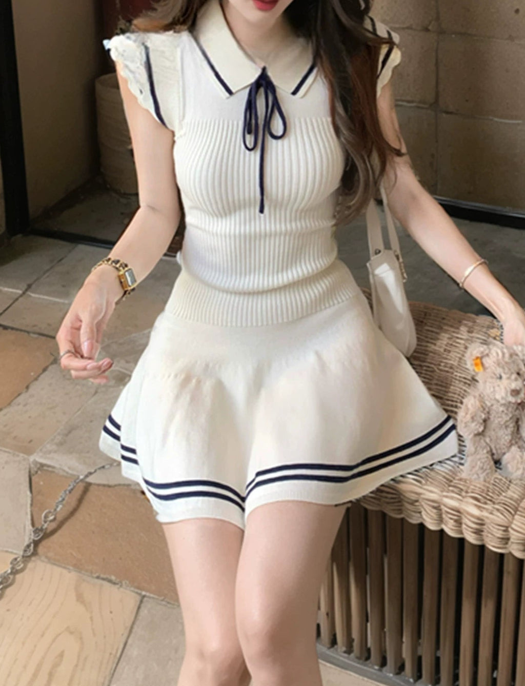 リブニットリボンミニワンピース