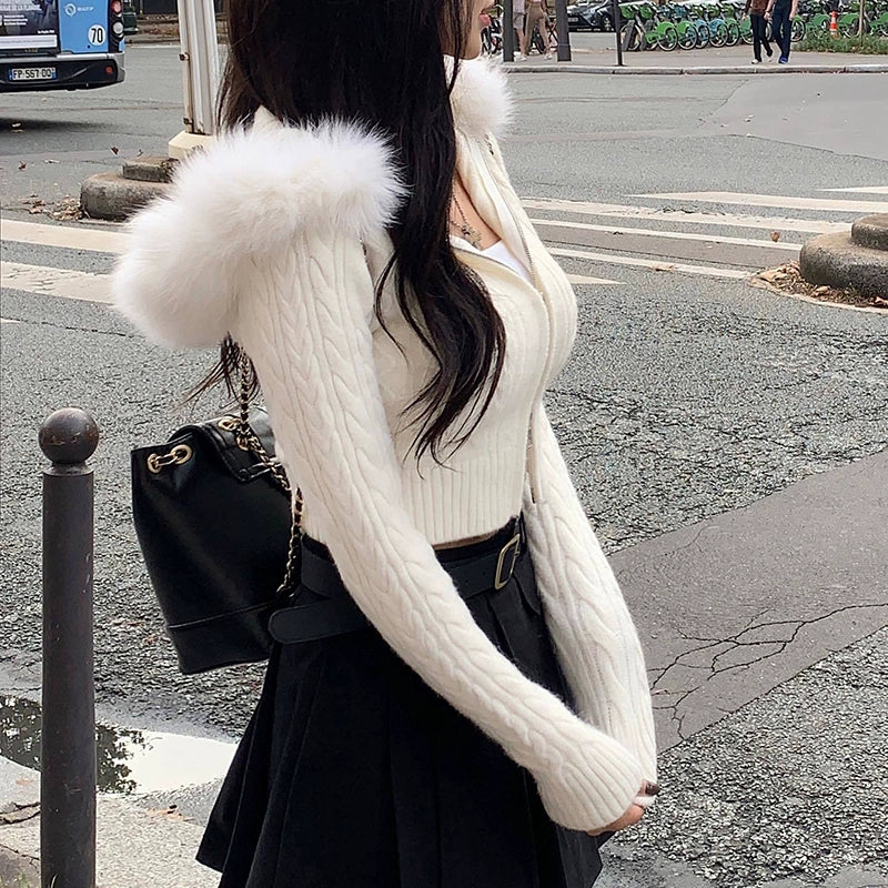 ファーフードジップニットトップス – charme
