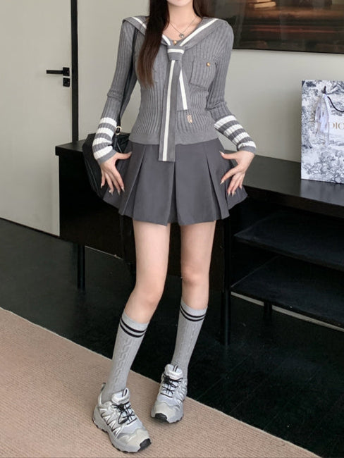 リボンポロニットボタンカーディガン