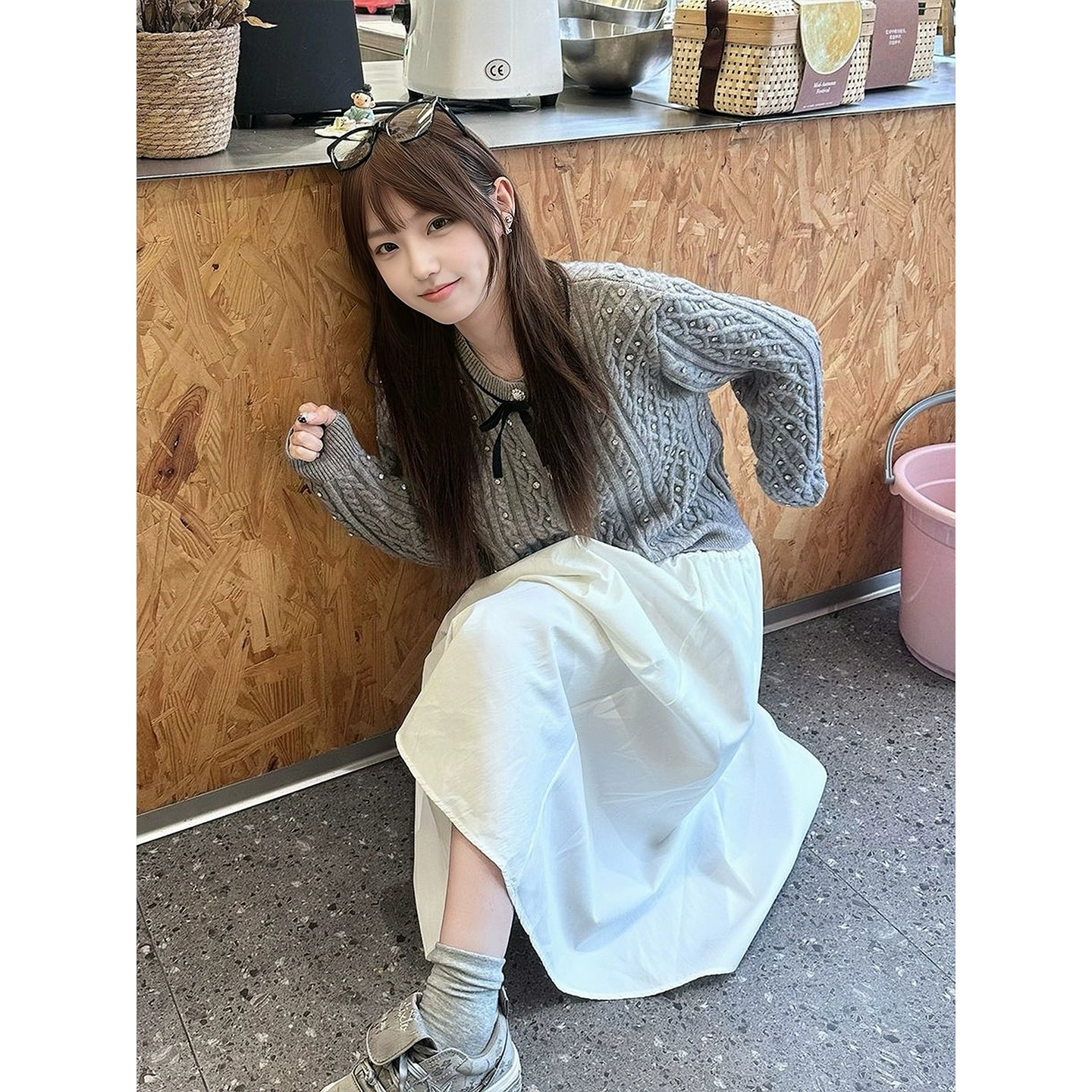 ラインストーンリボンニットカーディガン