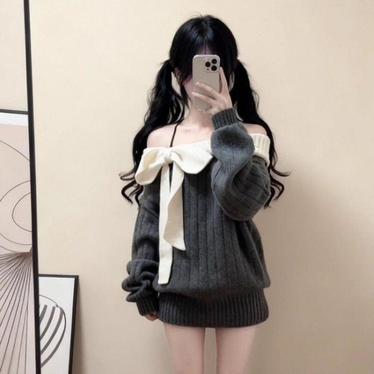 ビッグリボンレディオフショルニット