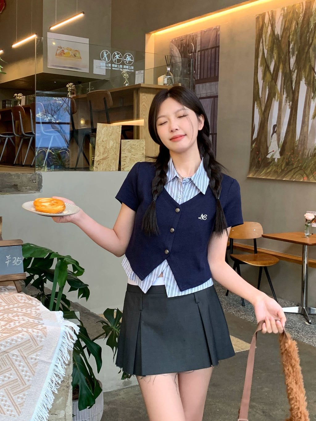 ストライプシャツスリムポロネックトップス