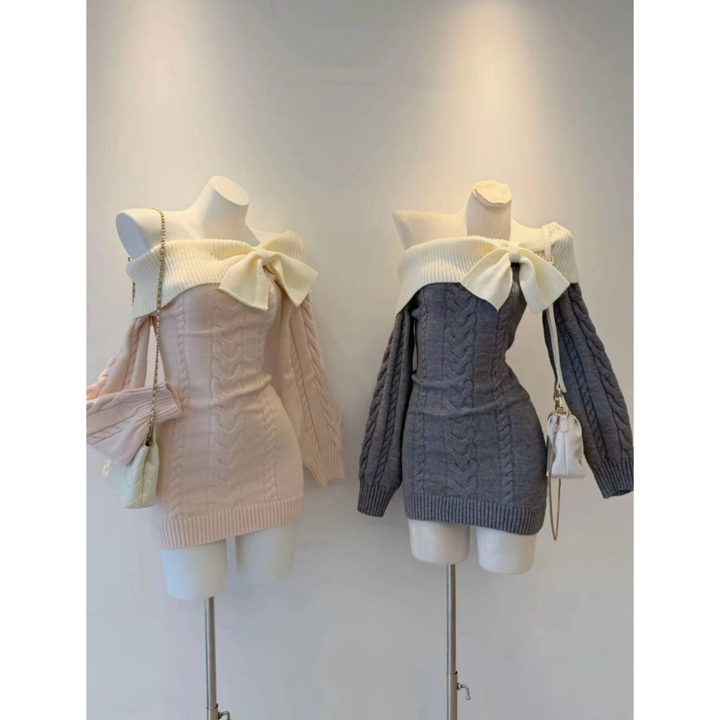 リボンオフショルケーブルニットワンピ