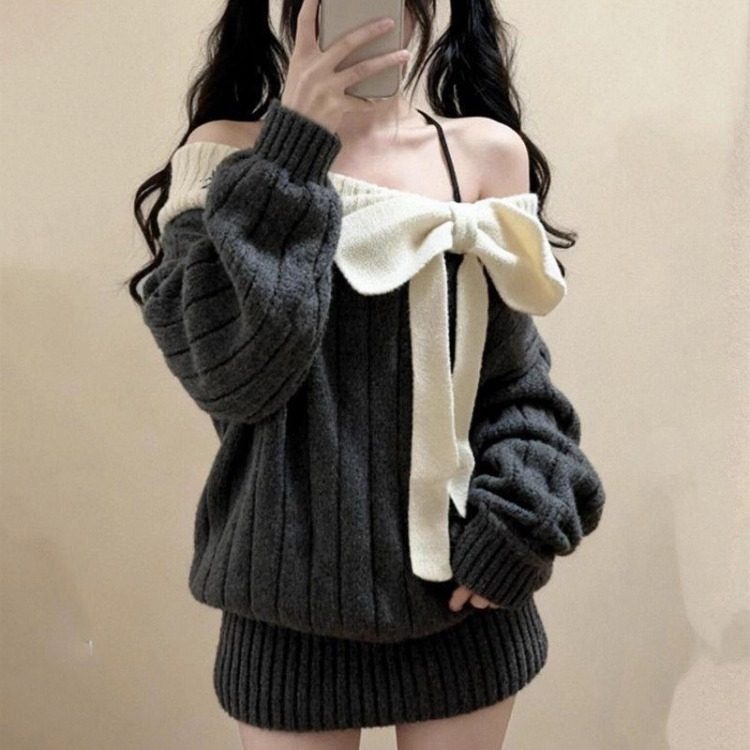 ビッグリボンレディオフショルニット