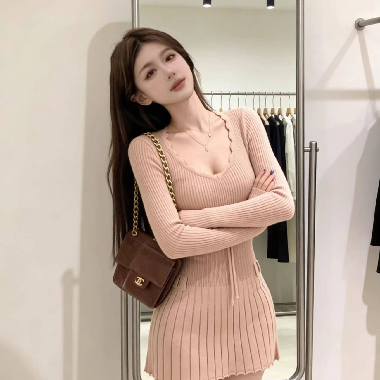 リブフレアニットワンピ