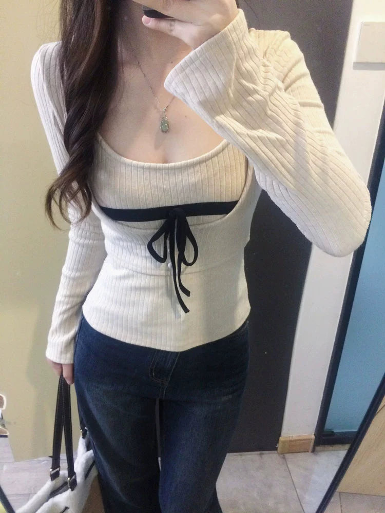 リブニットリボントップス