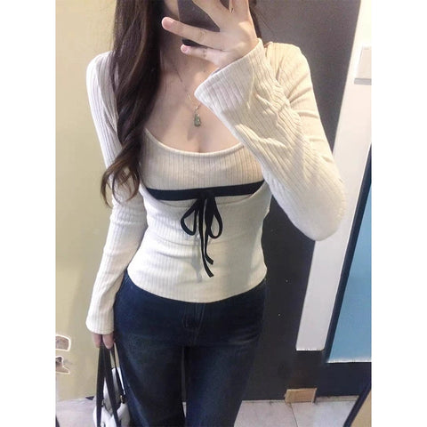 リブニットリボントップス