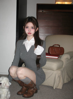 シャツレイヤードニットミニワンピース