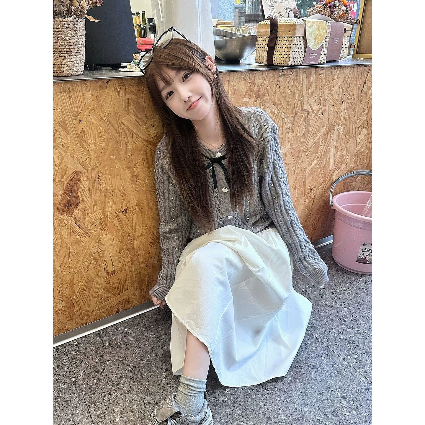 ラインストーンリボンニットカーディガン