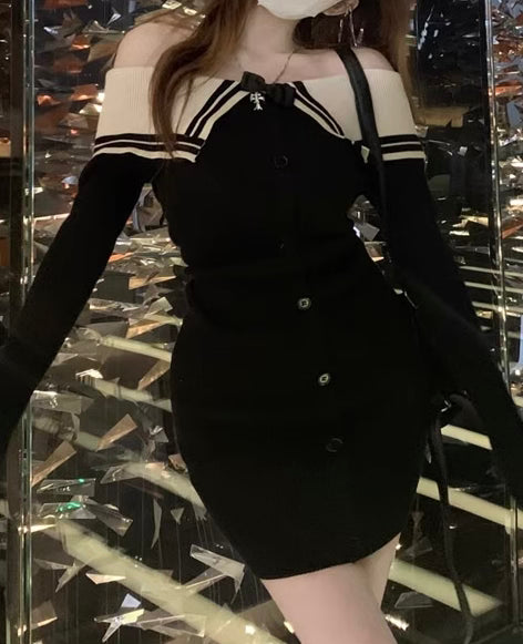オフショルダー★リブ編み★ニットワンピース★ CHLOE オフショルダー フレアニットワンピース｜JENNE(ジェンヌ)公式