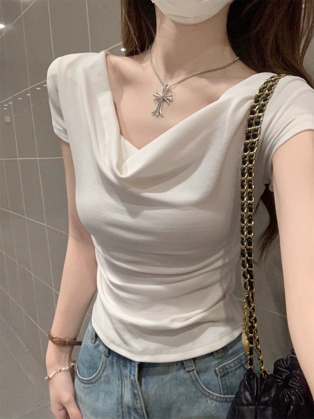 ドレープネックリブTシャツ