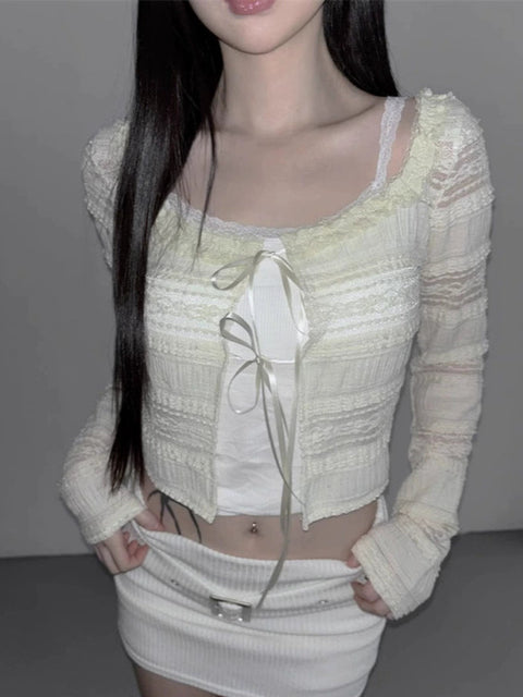 レースアップデザインスリムカーディガン