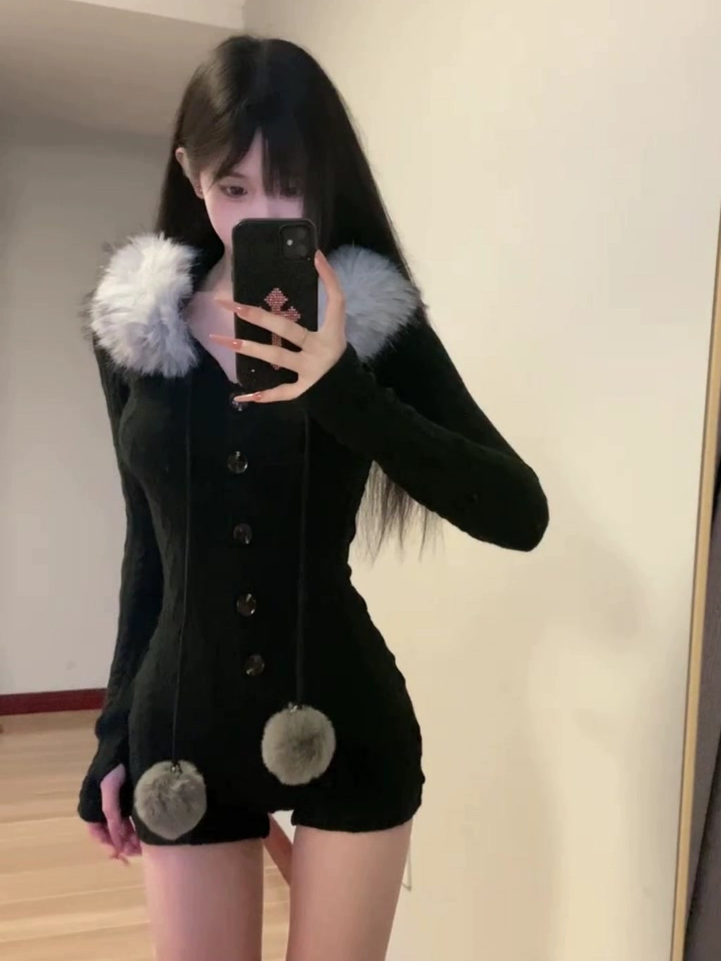 フェイクファーニットミニワンピ