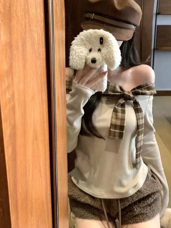 チェックリボンワンショルダートップス