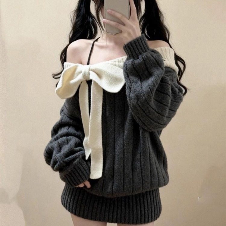 ビッグリボンレディオフショルニット