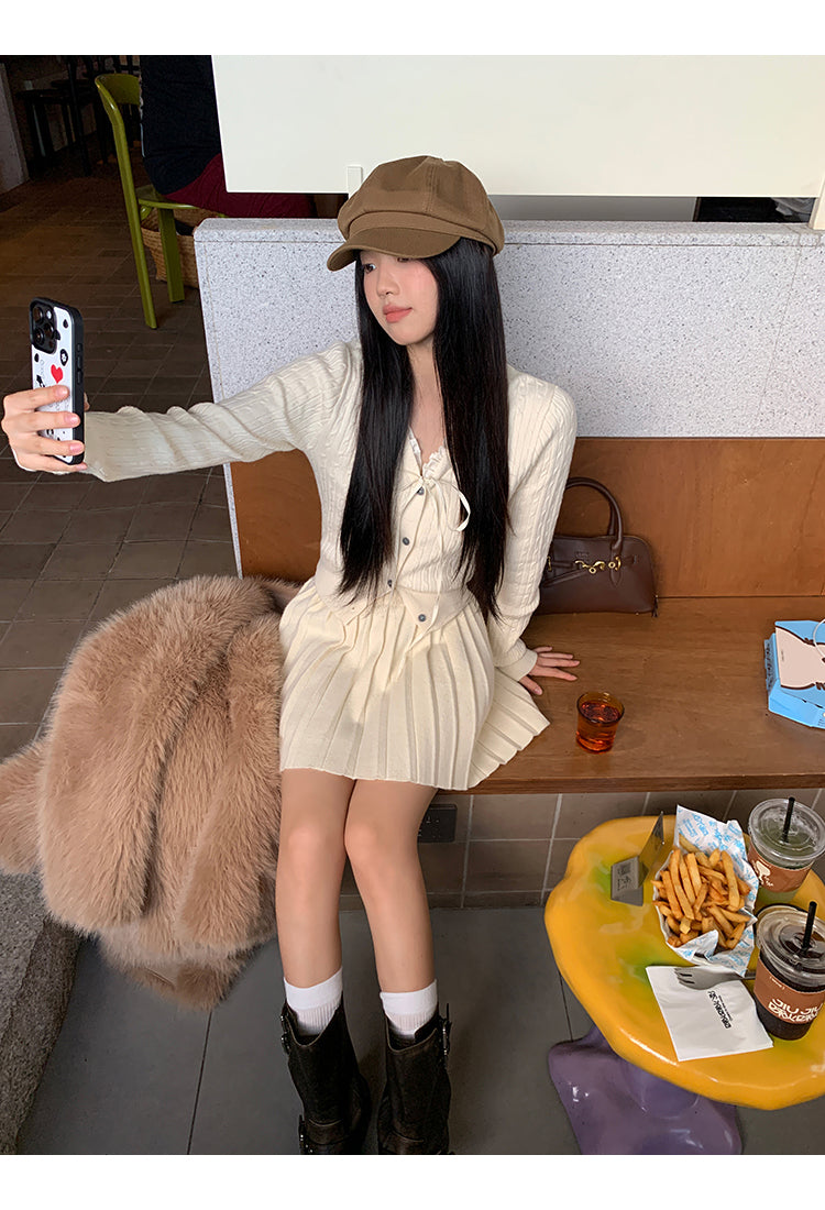 リボンニットカーディガン&プリーツスカートセットアップ