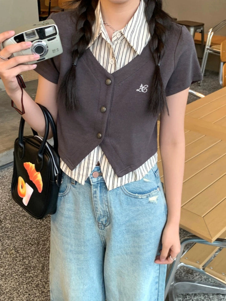 ストライプシャツスリムポロネックトップス