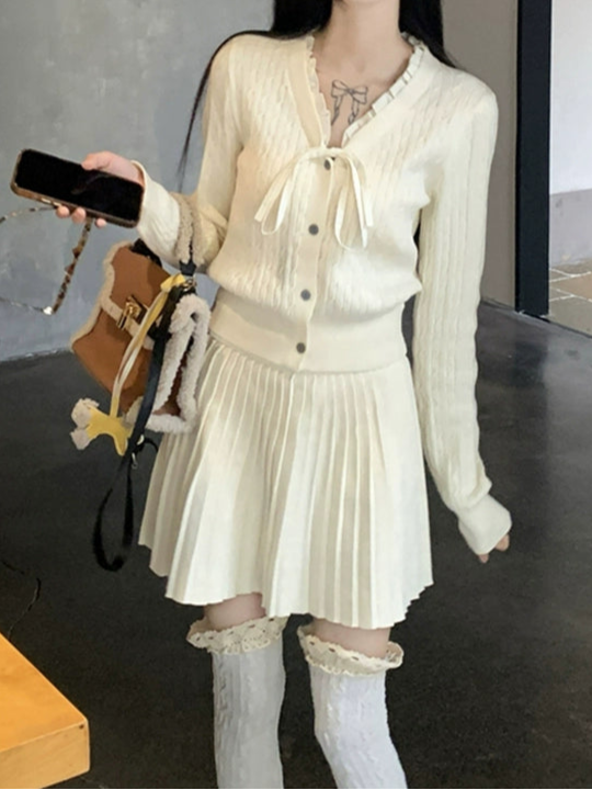 リボンニットカーディガン&プリーツスカートセットアップ