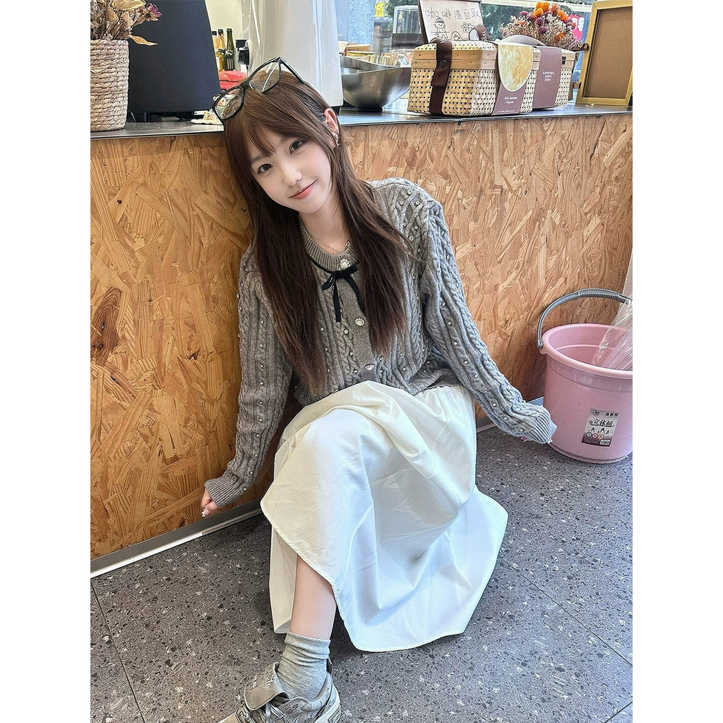 ラインストーンリボンニットカーディガン