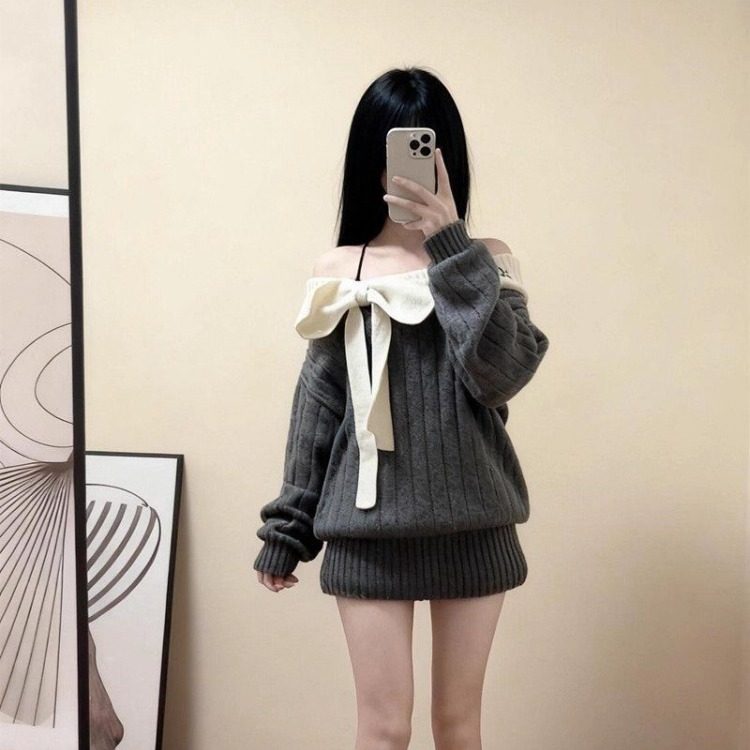 ビッグリボンレディオフショルニット