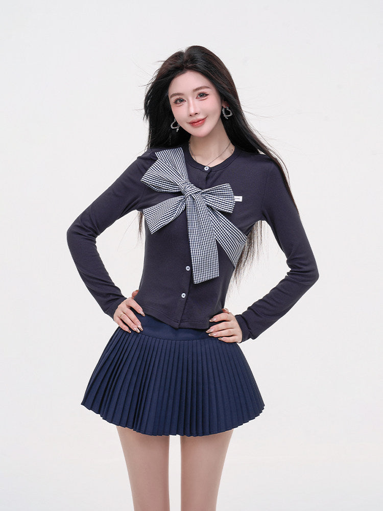 グレンチェックリボントップス