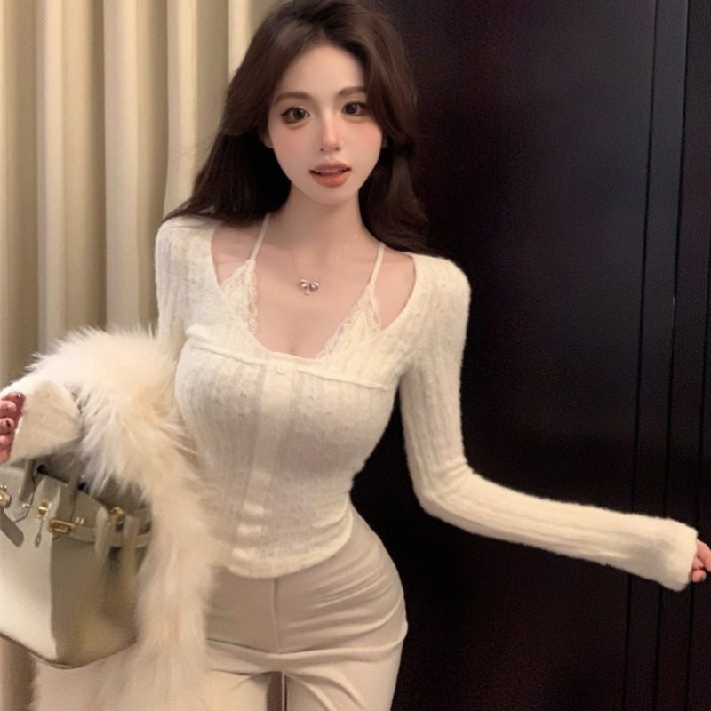 ピュアデザリー Vネックレースニットトップ