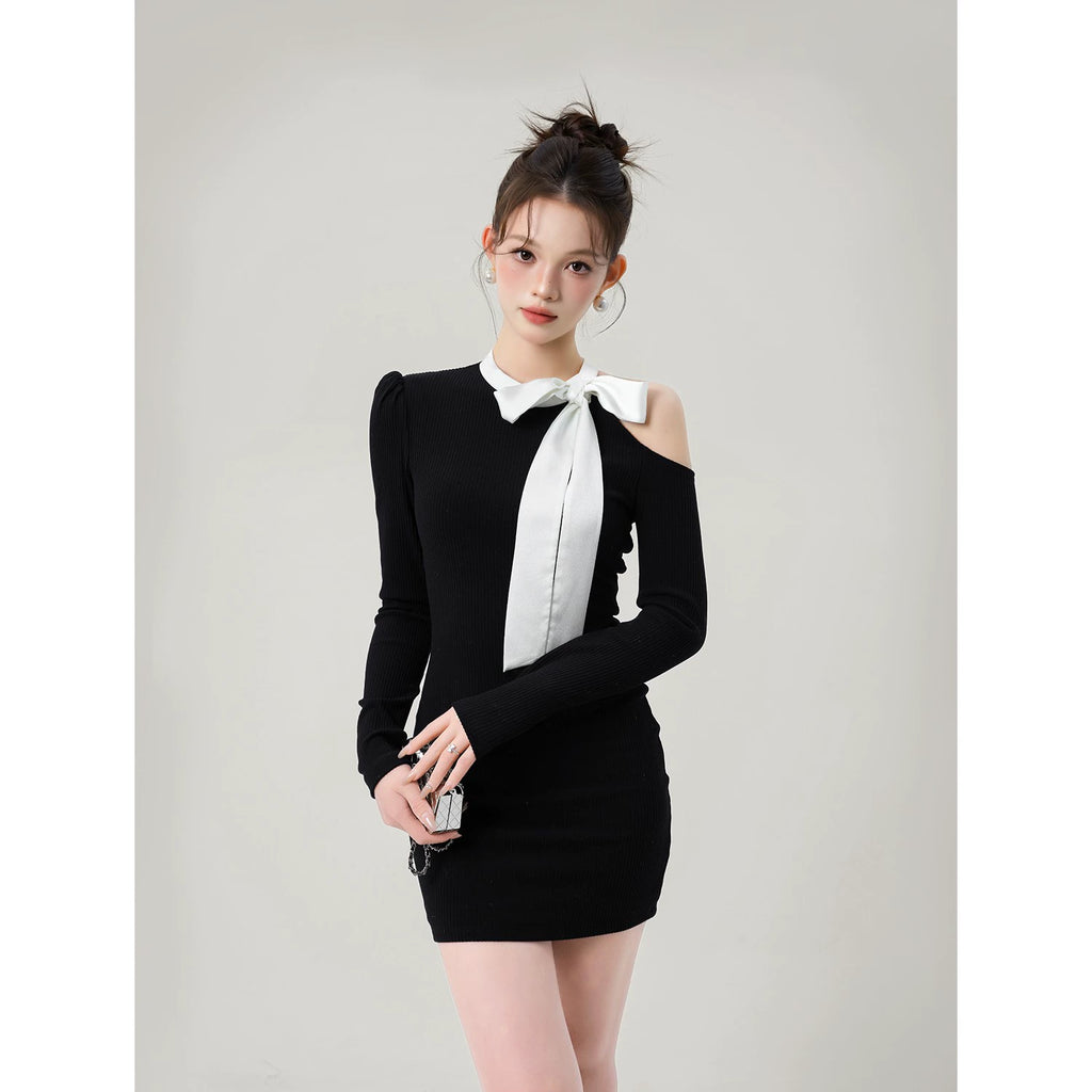 オフショルダースリムリボンニット