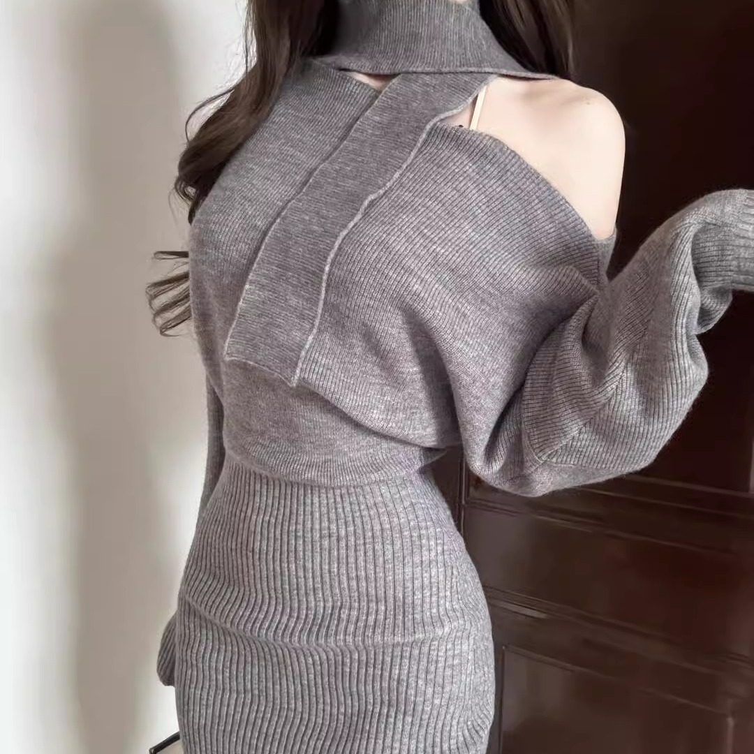 アシンメトリーネックニットワンピ