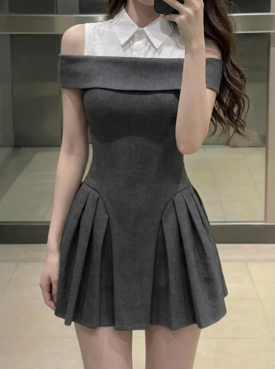 メロウオフショルダープリーツドレス