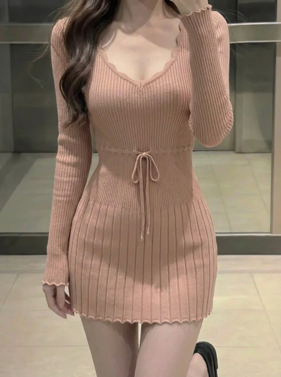 リブフレアニットワンピ