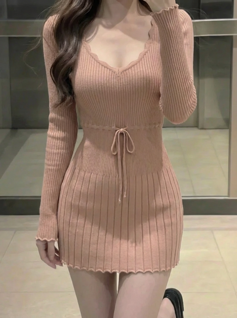 リブフレアニットワンピ