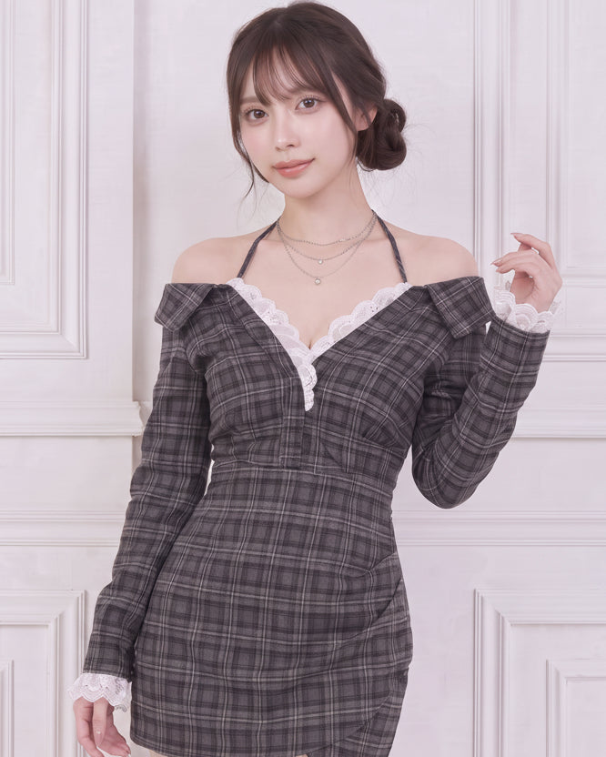 チェックリボンフリルオフショルダーワンピース – charme