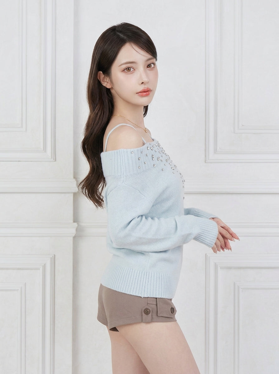 フェミニンビジューオフショルダーニット