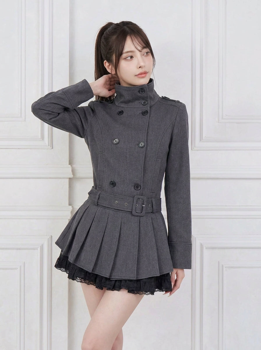 ハイネックベルトプリーツジャケットワンピース