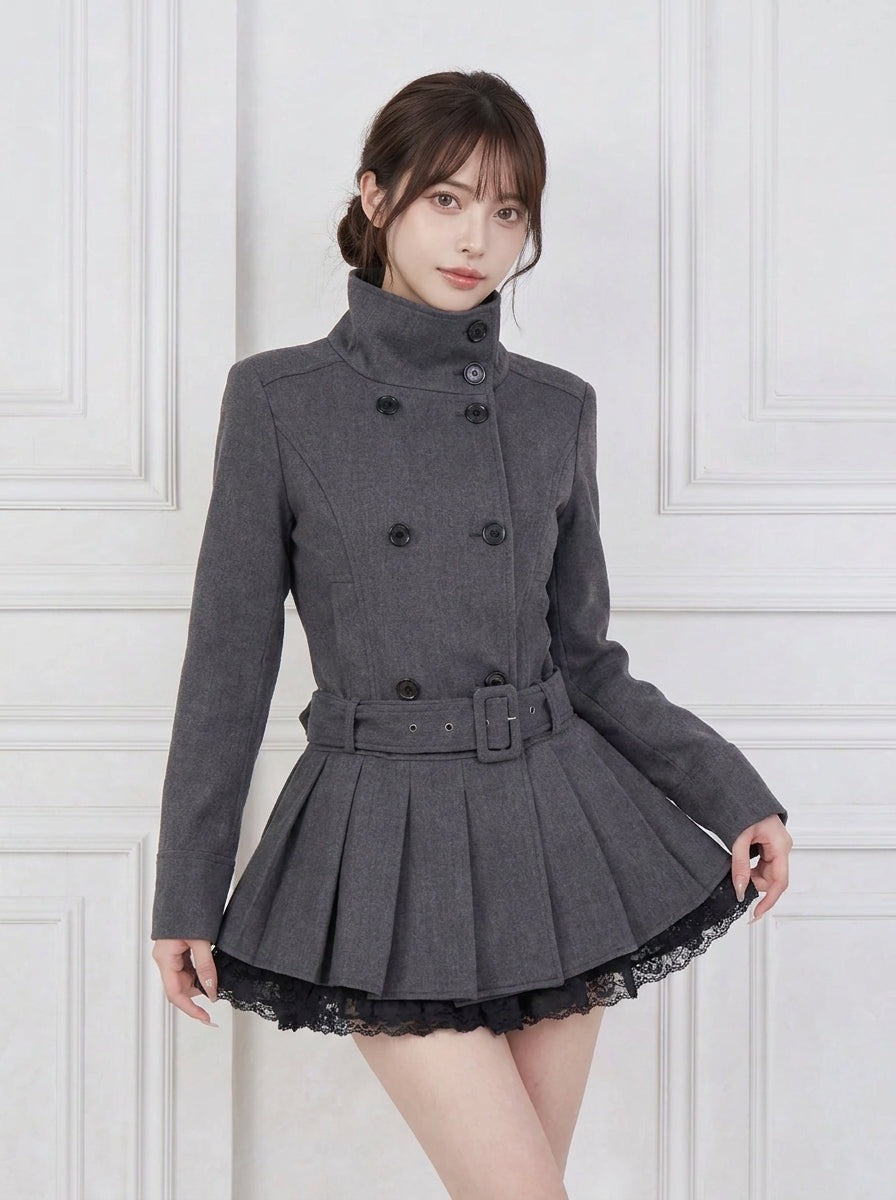 ハイネックベルトプリーツジャケットワンピース